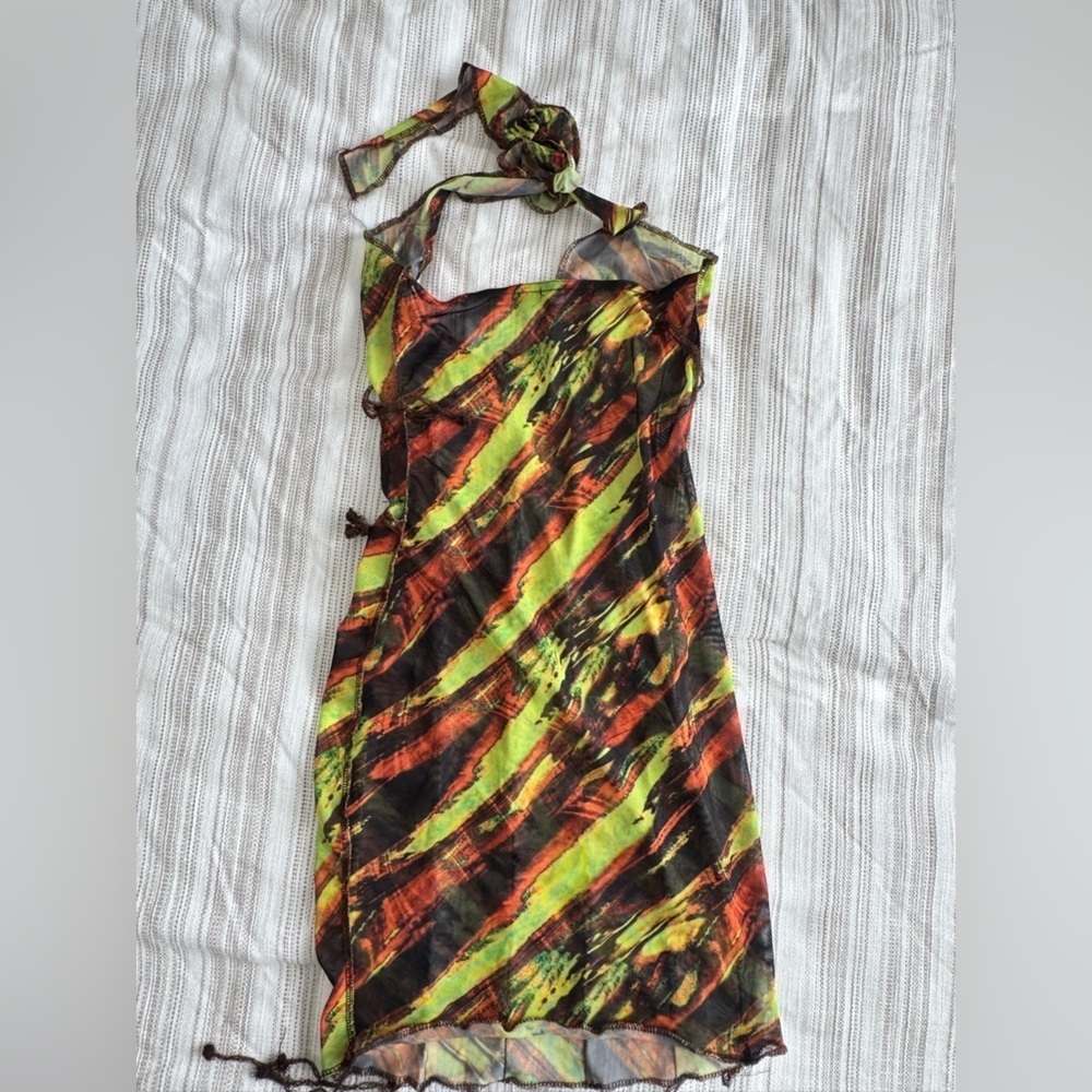 PrettyLittleThing Brown Orange Neon Green Mini Mesh Swim Cover Up Halter Dress - Picture 3 of 6